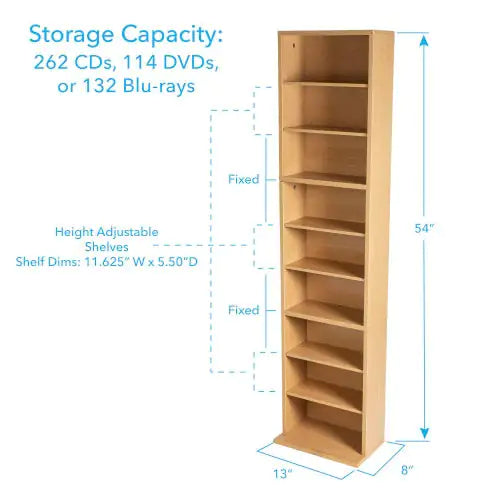 Media Storage, 6 Adjustable Shelves In Maple