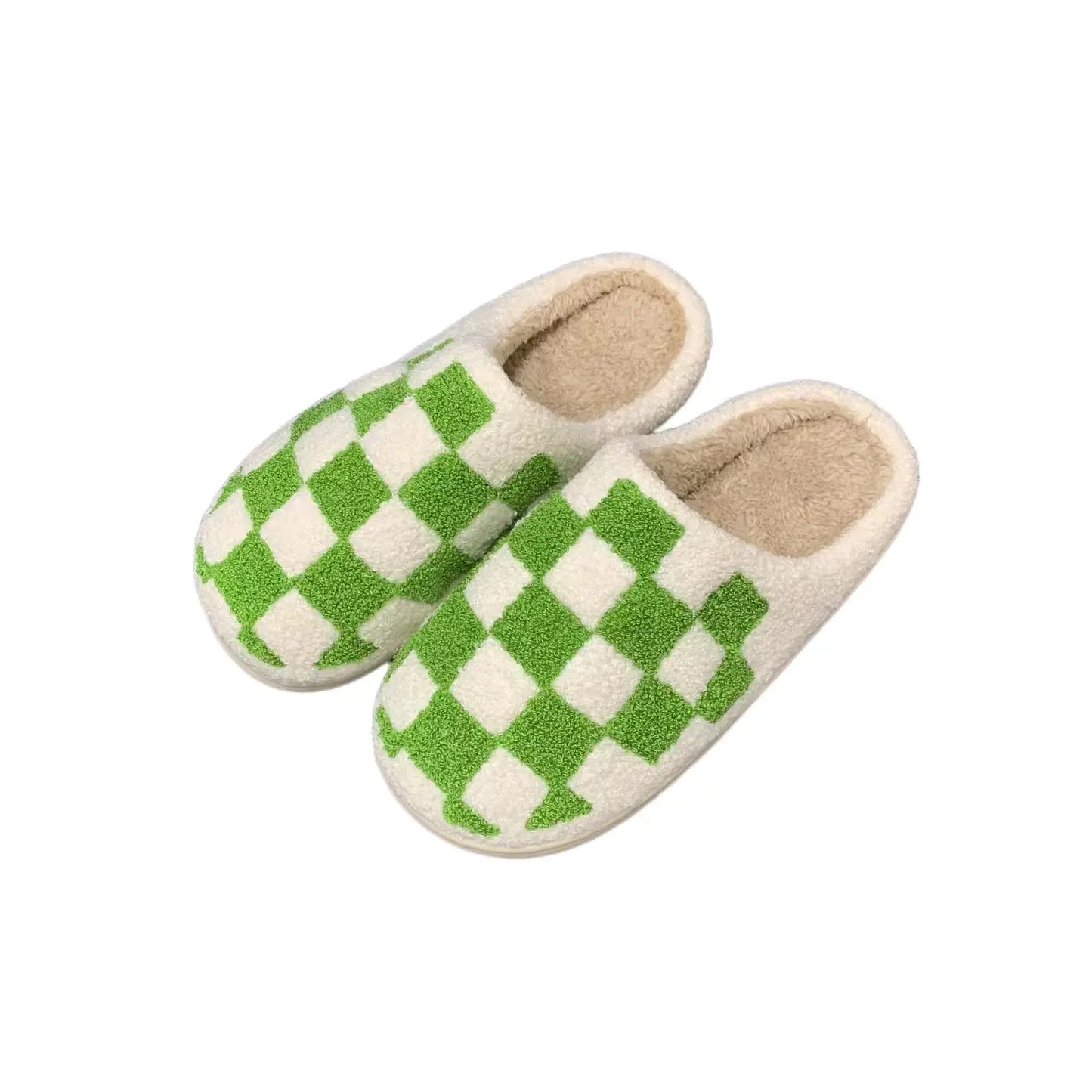 Warm Non-Slip Cotton Slippers in Black Green Checkered