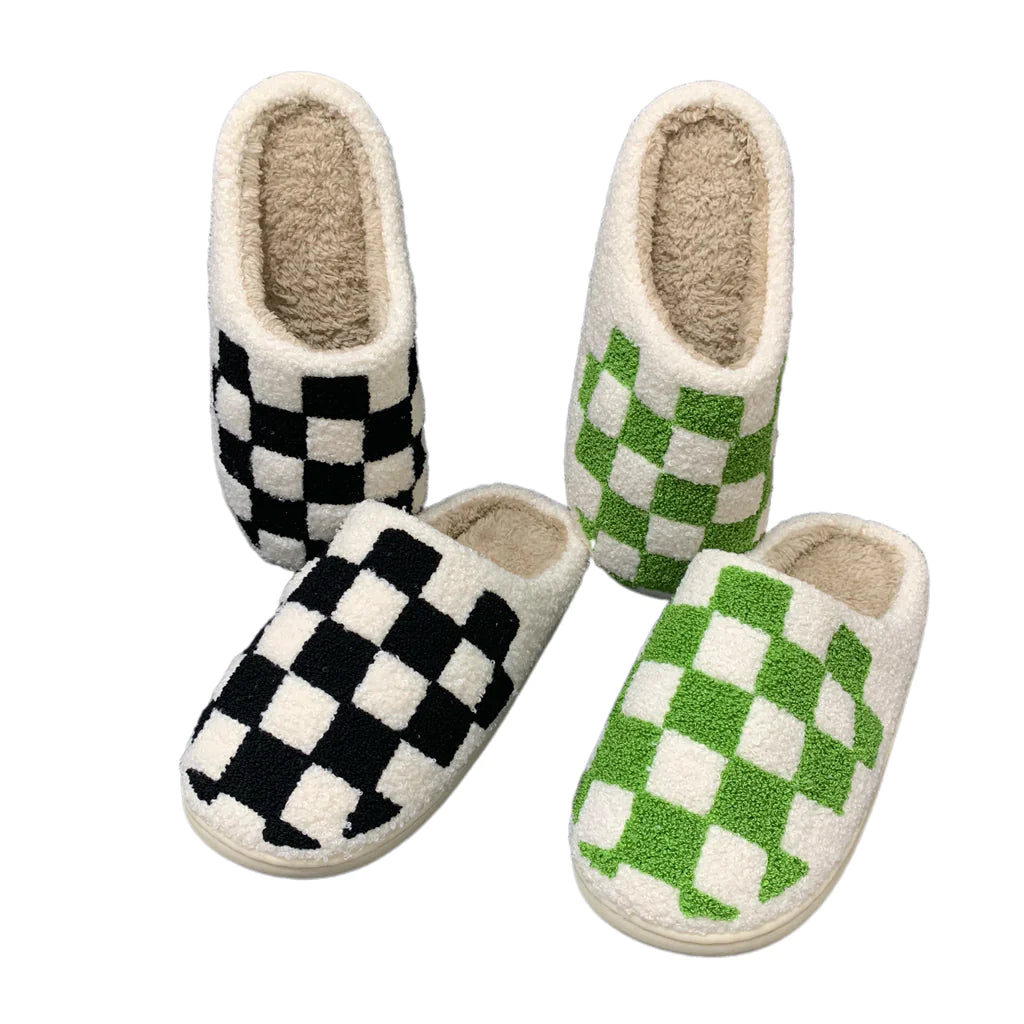Warm Non-Slip Cotton Slippers in Black Green Checkered