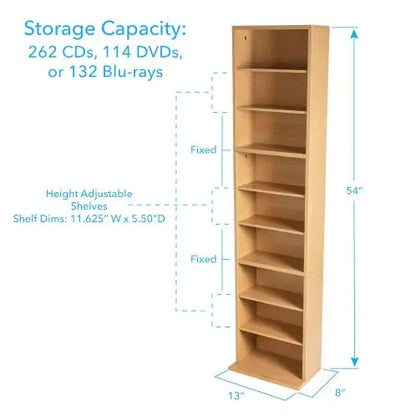 Media Storage, 6 Adjustable Shelves In Maple
