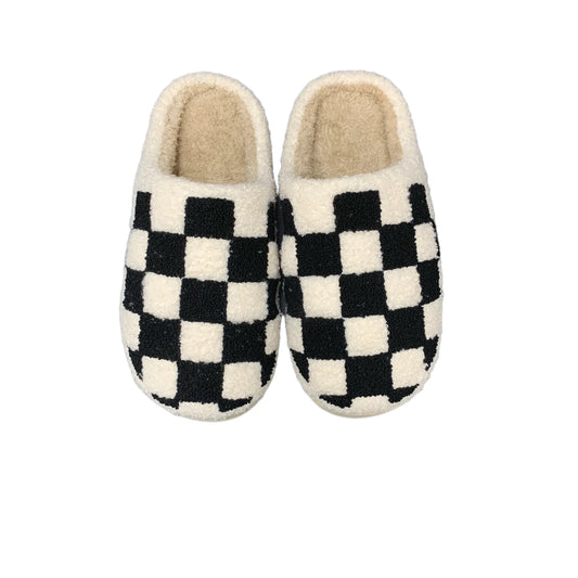 Warm Non-Slip Cotton Slippers in Black Green Checkered