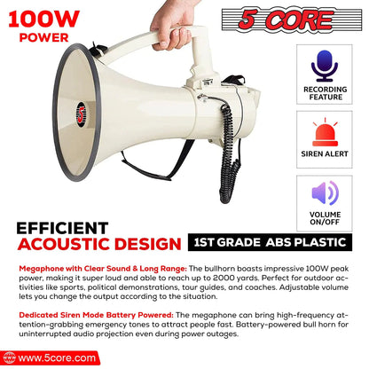 5Core Megaphone Bullhorn Speaker 100W Professional Bull Horn Battery Power Megafono 2000Yard Range
