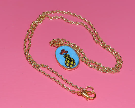 Handmade Roses in Checker Vase Pendant Charm on Gold Chain Necklace