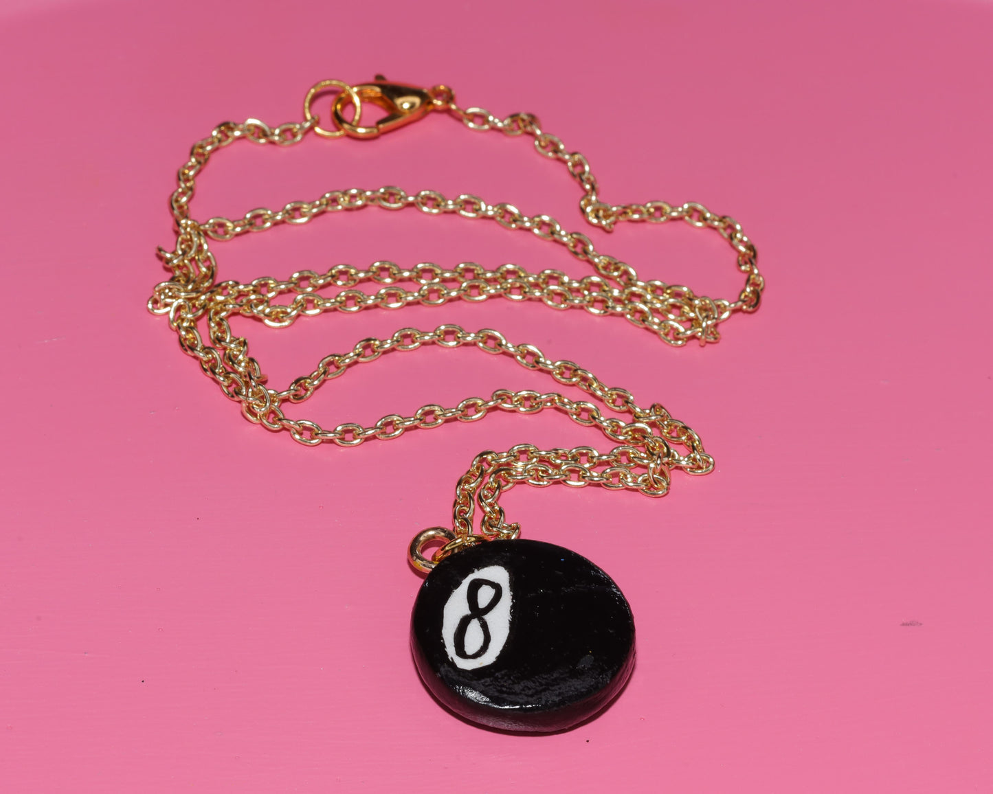 Handmade Ceramic 8 Ball Charm on Gold Chain Necklace