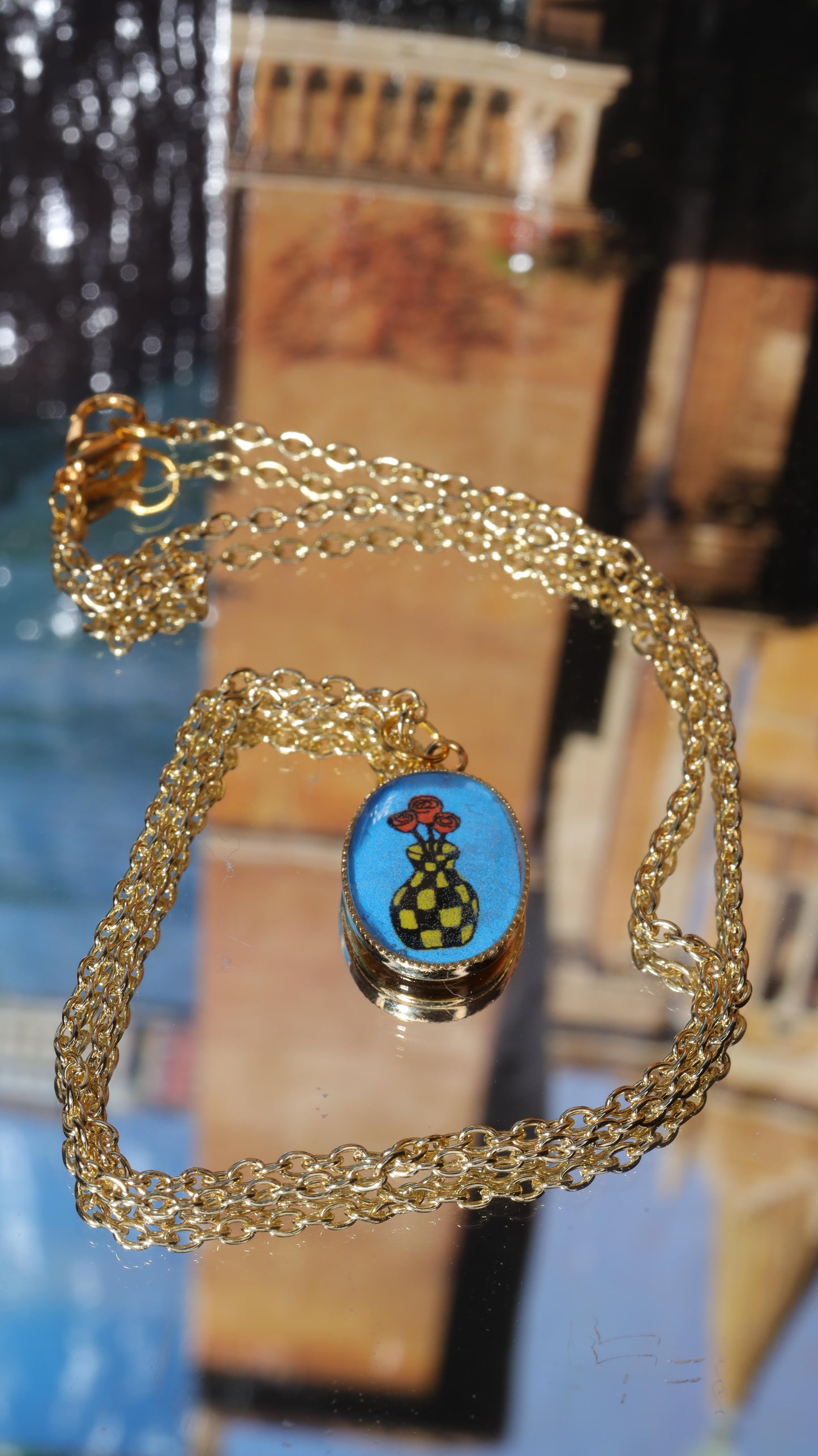 Handmade Roses in Checker Vase Pendant Charm on Gold Chain Necklace