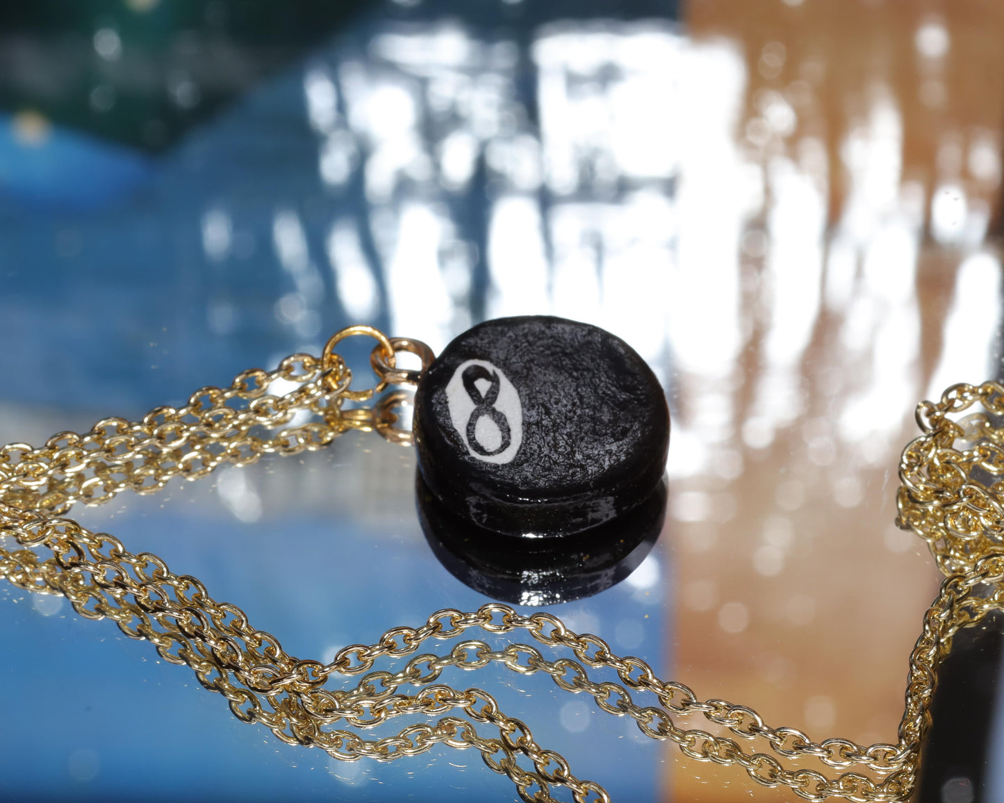 Handmade Ceramic 8 Ball Charm on Gold Chain Necklace