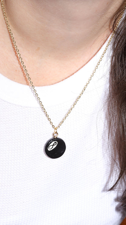 Handmade Ceramic 8 Ball Charm on Gold Chain Necklace